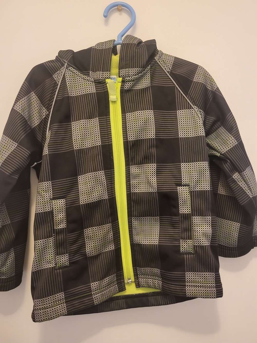 Kids Black Plaid Raincoat with Neon Yellow Trim